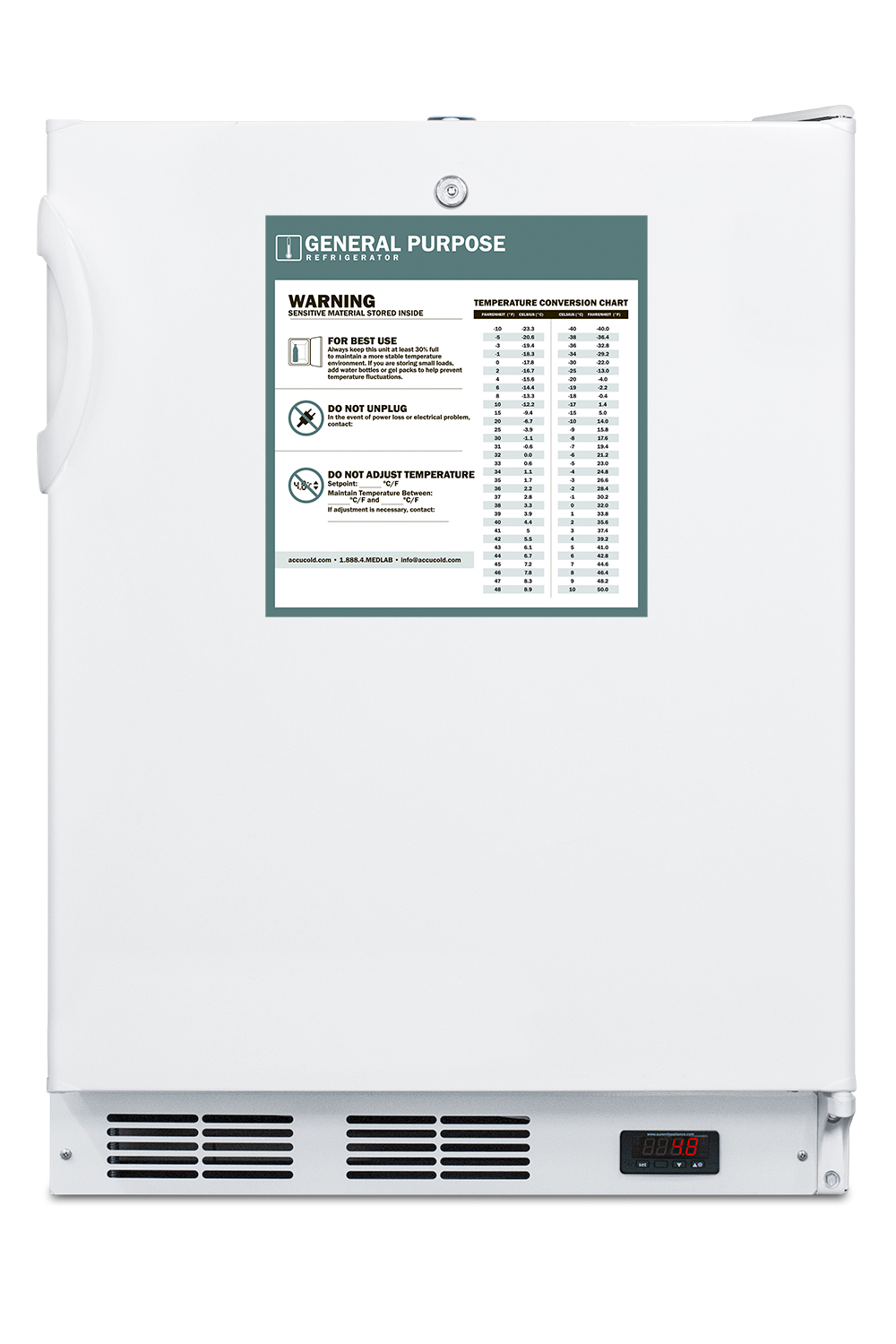 ADA compliant built-in undercounter all-refrigerator for general purpose and commercial use, with lock, auto defrost operation, internal fan, digital thermostat, and white exterior